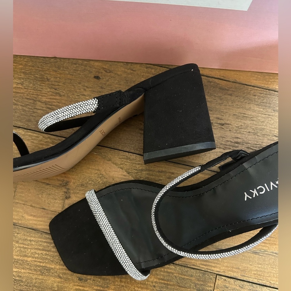 LISA VICKY Mood Pavé Block Heel Slide Black and Rhinestones Women's Sandals - Picture 9 of 16